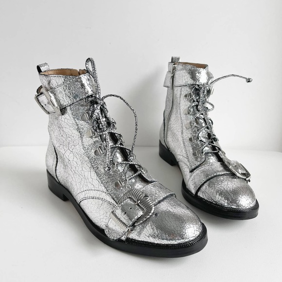 Schutz Metallic Silver Crushed Leather Magda Combat Boots Size 7 - Picture 7 of 10